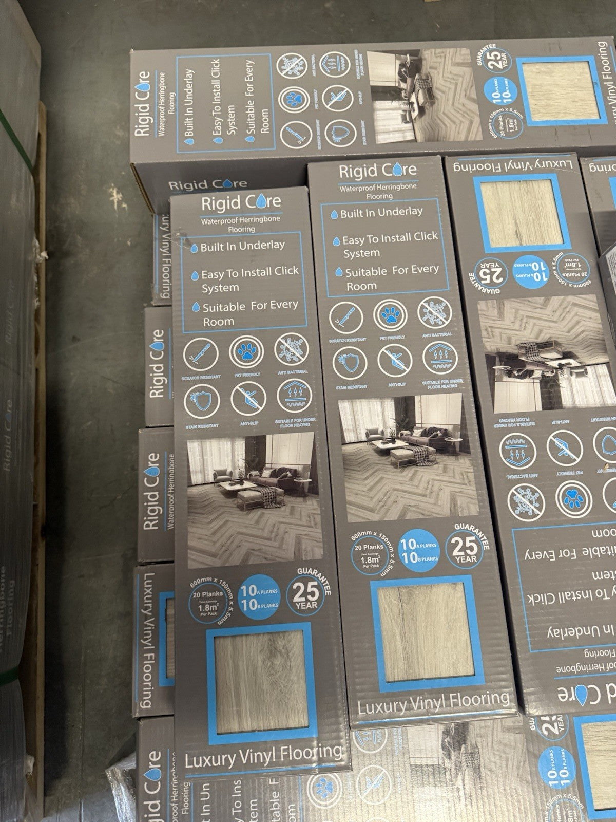 SPC Flooring Rigid-Core Herringbone Click Vinyl Light Grey 1.8m² Per Pack