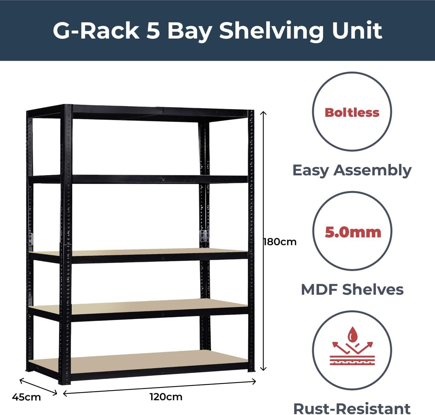 G-Rack Garage Shelving Racking Unit 5 Tier 180cm x 120cm x 45cm (875kg Per Rack)