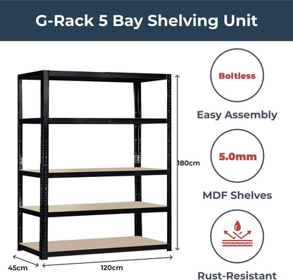 G-Rack Garage Shelving Racking Unit 5 Tier 180cm x 120cm x 45cm (875kg Per Rack)